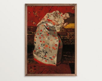 Moody Portrait Print - Girl in White Kimono | Modern Antique Prints | Antique Oil Painting Print