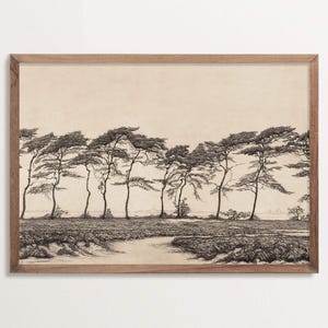 Stampa antica di incisione di alberi – Arte murale di paesaggio vintage, illustrazione della natura in nero e beige per l'arredamento della casa Japandi, riproduzione di belle arti