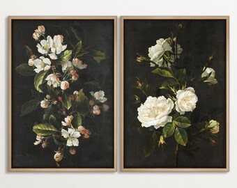 Dark Botanical Diptych Canvas Print, Vintage Floral Wall Art Set, Moody Flower Art, Antique Rose and Blossom Print,