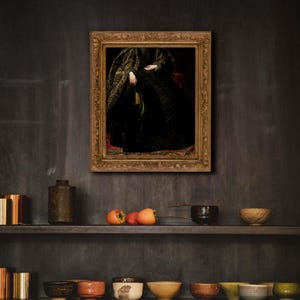 A framed portrait of a woman in a black and gold gown displayed on a dark, moody kitchen wall. Below the artwork, shelves hold a collection of ceramic bowls and decorative objects, enhancing the room's vintage and dark academia-inspired decor