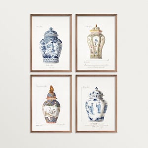Gallery Wall Set French Chinoiserie Ginger Jar Prints | Set of 4 Wall Art | Vintage Asian Art | Chinoiserie Poster