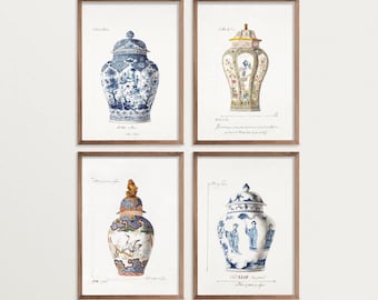 Conjunto de láminas de estilo chinoiserie francés para pared / Juego de 4 láminas decorativas / Arte asiático vintage / Póster chinoiserie