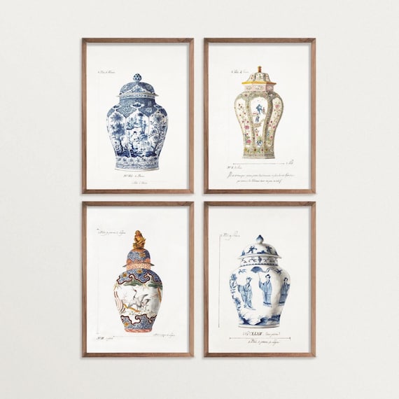 Gallery Wall Set French Chinoiserie Ginger Jar Prints | Set of 4 Wall Art | Vintage Asian Art | Chinoiserie Poster