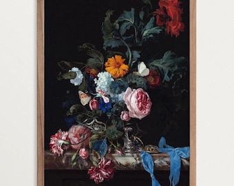 Dark Flower Still Life Art Print | Bouquet Print | Antique Oil Painting Print