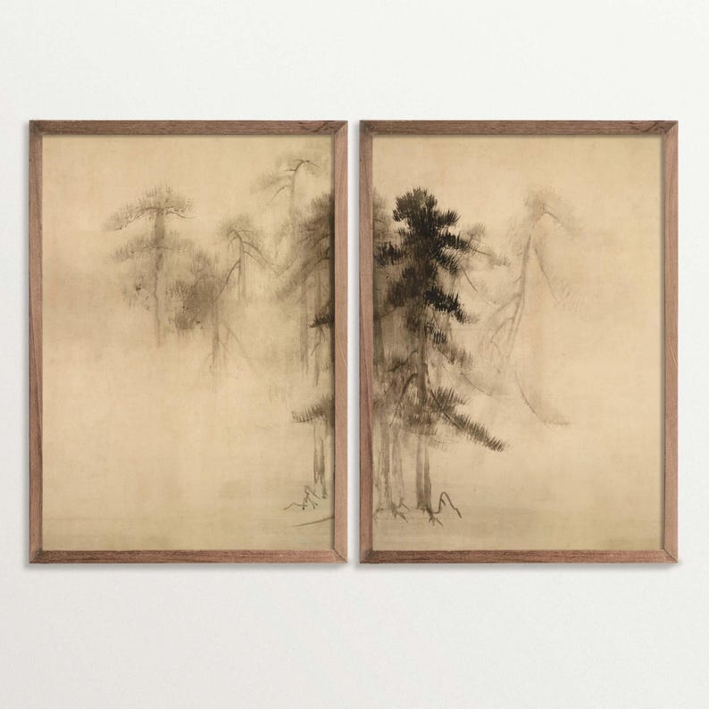 Japandi Wall Art Set of Two Prints, Pine Tree Sketch, Wabi Sabi Home ...