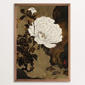 Stampa artistica vintage di peonie cinesi – Arte murale floreale di ispirazione giapponese, decorazione Wabi-Sabi neutra, elegante poster botanico