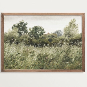 Vintage Meadow Landscape Art Print – French Country Wall Decor with Trees and Wildflowers, Soft Cottagecore Nature Poster
