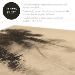 Close-up detail of a traditional Japanese sumi-e ink painting on canvas, featuring delicate pine trees emerging from mist in soft black and sepia tones. The textured brushstrokes and aged paper effect create a serene, minimalist aesthetic.