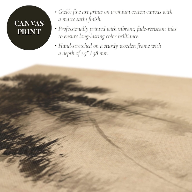 Close-up detail of a traditional Japanese sumi-e ink painting on canvas, featuring delicate pine trees emerging from mist in soft black and sepia tones. The textured brushstrokes and aged paper effect create a serene, minimalist aesthetic.
