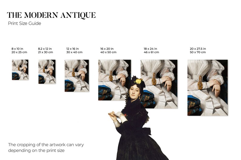 Size guide from Modern Antique Prints with the available size options for the art print.