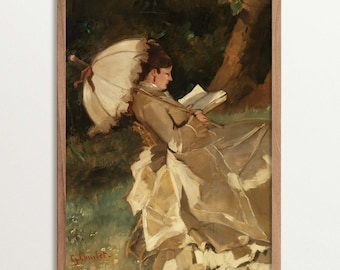 Woman Reading Art Print, Light Academia, Vintage Garden Print, Cottagecore Decor