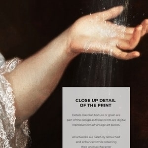 K&ouml;nnte beinhalten: Nahaufnahme eines Vintage-Kunstdrucks mit einer Hand, die nach Wasser greift. Der Druck hat einen dunklen Hintergrund und der Text "CLOSE UP DETAIL OF THE PRINT" ist sichtbar. Der Druck ist eine digitale Reproduktion eines Vintage-Kunstwerks.