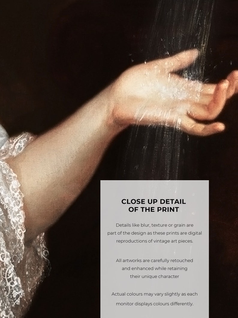 K&ouml;nnte beinhalten: Nahaufnahme eines Vintage-Kunstdrucks mit einer Hand, die nach Wasser greift. Der Druck hat einen dunklen Hintergrund und der Text "CLOSE UP DETAIL OF THE PRINT" ist sichtbar. Der Druck ist eine digitale Reproduktion eines Vintage-Kunstwerks.