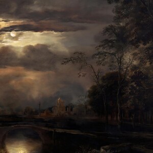 Close-up of the dark moody landscape print, highlighting textured clouds, glowing moon, and silhouetted trees for depth and atmospheric detail.