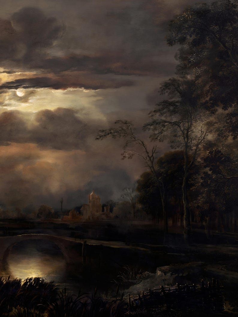 Close-up of the dark moody landscape print, highlighting textured clouds, glowing moon, and silhouetted trees for depth and atmospheric detail.