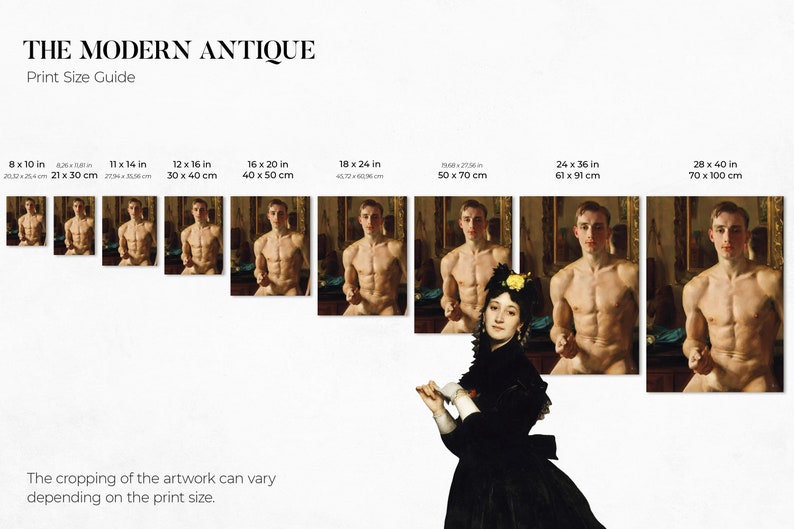 Puede incluir: Una gu&iacute;a de tama&ntilde;os de impresi&oacute;n para una obra de arte que presenta una figura masculina desnuda en una pintura. La gu&iacute;a muestra diferentes tama&ntilde;os de impresi&oacute;n en pulgadas y cent&iacute;metros, que van desde 8x10 pulgadas hasta 28x40 pulgadas. El texto "THE MODERN ANTIQUE" est&aacute; en la parte superior de la imagen.
