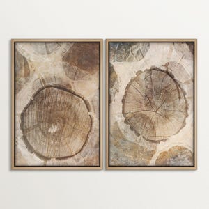 Op de afbeelding: Twee ingelijste wandkunstwerken met close-up beelden van boomdoorsneden. Het kunstwerk toont concentrische ringen in bruin- en beigetinten, met een natuurlijke, rustieke uitstraling. De lijsten zijn lichtbruin.