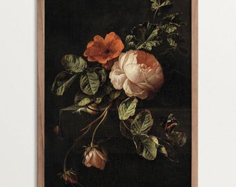 Dark Floral Still Life Print - Baroque Rose, Vintage Botanical Art