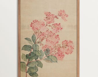 Vintage Chinoiserie Flower Wall Art – Japandi Botanical Print with Pink Blossoms, Elegant Nature Decor for Bedroom or Living Room