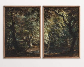 Moody Landscape Wall Art Set, Forest Diptych Prints, Dark Atmospheric Nature-Inspired Home Decor