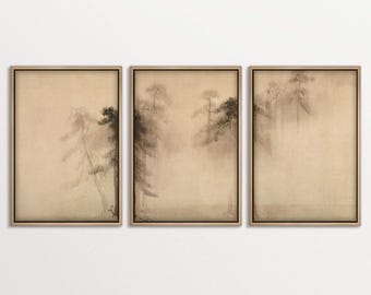 Wabi-Sabi Leinwand Triptychon, Minimalistisches Zen Wald Wandbild, Japanische Ästhetik Naturkunst, Neutrale Beruhigende Deko