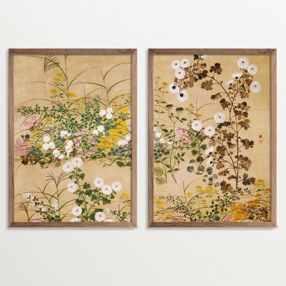 Diptych Chinoiserie Wall Art Prints - Grandmillenial Gallery Wall Set of 2, Vintage Botanical Decor, Elegant Home Art