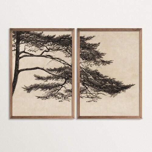 Ensemble d'art mural pin Wabi Sabi - diptyque vintage de paysages boisés pour une décoration minimaliste et japonaise, impressions d'art de croquis d'arbre japonais