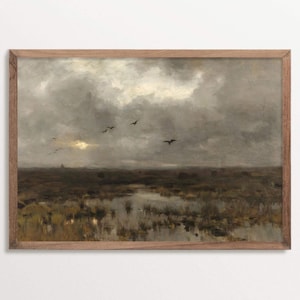 Stimmungsvolle Landschaft Kunstdruck, Atmosphärische Marschland Wanddeko, Dunkles Stürmischer Himmel Poster, Rustikale Ruhige Deko
