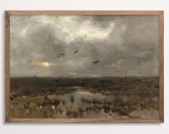 Moody Landscape Wall Art, Atmospheric Marsh Painting Print, Antique Nature Poster, Dark Academia Landscape Decor