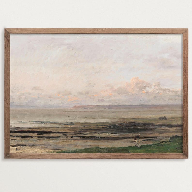 Muted Beach Print – Beach at Tide | Moody Seascape Painting | French Country Decor | Vintage Pastel Painting image 1