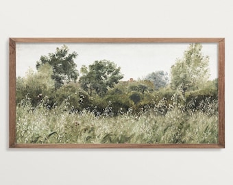 Panoramic Wall Art – Meadow Field Landscape Painting Print, Rustic Country Art for Cottagecore Decor