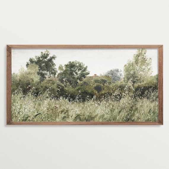 Panoramic Wall Art – Meadow Field Landscape Painting Print, Rustic Country Art for Cottagecore Decor