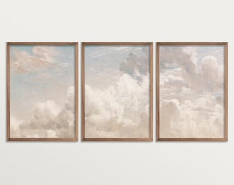 Molnmålning, set med 3, vintagelandskap, triptyk, väggkonst