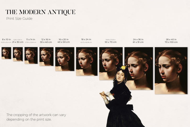 May include: A print size guide for a painting of a woman's face. The guide shows different sizes of the print, ranging from 8x10 inches to 28x40 inches. The text "THE MODERN ANTIQUE" is at the top of the image.