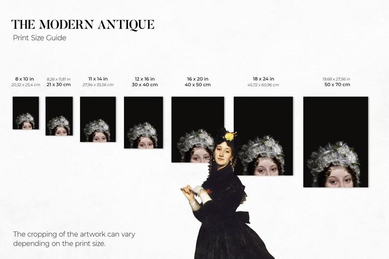 Size guide from Modern Antique Prints with the available size options for the art print.