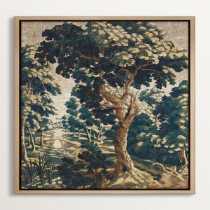 May include: A framed wall art print featuring a detailed landscape scene. The artwork depicts a forest with lush trees in shades of green and white, a river, and a bridge. The print is set in a natural wood frame.