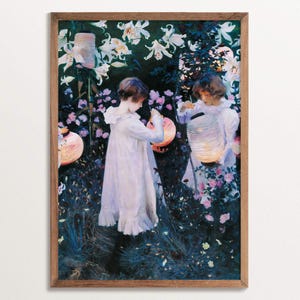 Stampa artistica da parete con giardino vittoriano - Arte floreale romantica con bambini che accendono lanterne - Capolavoro vintage senza tempo di John Singer Sargent