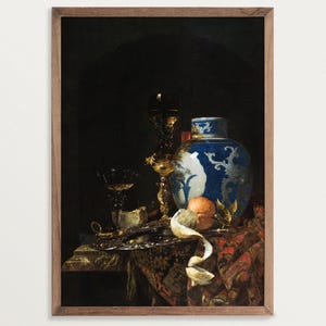 Natura morta barocca con vaso di porcellana cinese / Stampa di pittura a olio antica / Decorazione Dark Academia
