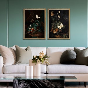 Puede incluir: Dos pinturas enmarcadas de bodegones con mariposas y flores. Las pinturas est&aacute;n en marcos dorados y est&aacute;n colgadas en una pared verde azulada.