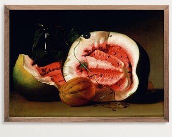 Food Still Life | Watermelon Print | Antique Oil Painting Print | Dark Botanical Art