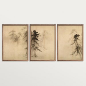 Set di 3 stampe di pini vintage, arte murale a trittico, arte murale Wabi Sabi