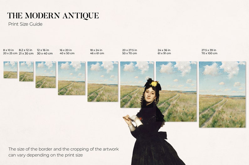Size guide from Modern Antique Prints with the available size options for the art print.