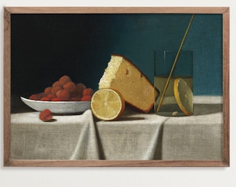 Still life with cake, lemon, strawberries and glass | Dining Room Decor | Fruit Still Life | Kitchen Wall Art