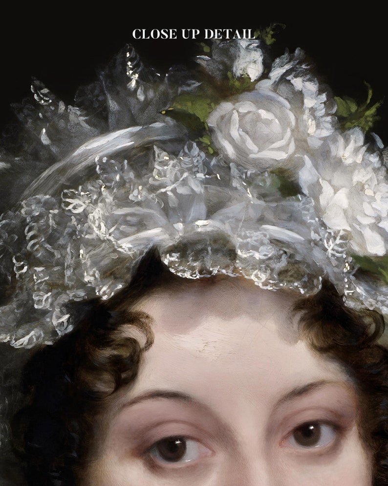 Close-up of the portrait print shwoing the face of a woman with a white lace headpiece decorated with flowers.