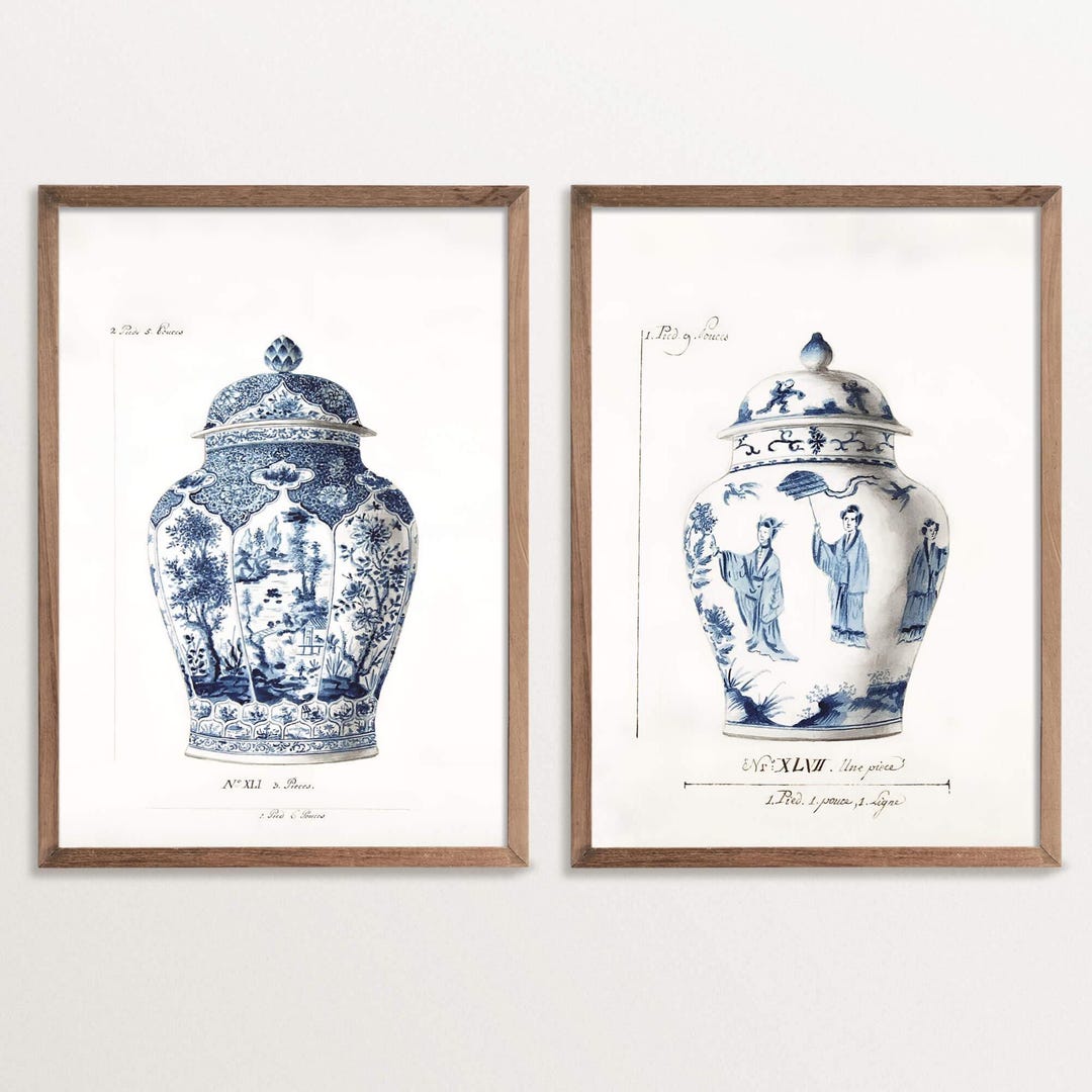 Set of Two Prints – Blue Chinoiserie Vase Prints | Vintage Asian Wall ...