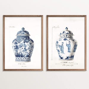 Set of Two Prints – Blue Chinoiserie Vase Prints | Vintage Asian Wall Art | Chinoiserie Ginger Jar Art | Wall Art Set