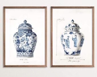 Set of Two Prints – Blue Chinoiserie Vase Prints | Vintage Asian Wall Art | Chinoiserie Ginger Jar Art | Wall Art Set