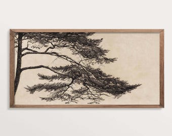 Panoramic Wabi-Sabi Pine Tree Art Print – Minimalist Japanese-Inspired Wall Art, Neutral Zen Landscape Poster, Modern Botanical Decor