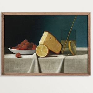 Still life with cake, lemon, strawberries and glass | Dining Room Decor | Fruit Still Life | Kitchen Wall Art