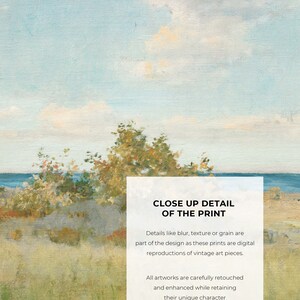 May include: A digital reproduction of a vintage painting depicting a seascape with a blue sky, white clouds, green trees, and a body of water. The image includes text that reads "Close Up Detail of the Print". Details like blur, texture, or grain are part of the design as these prints are digital reproductions of vintage art pieces. All artworks are carefully retouched and enhanced while retaining their unique character. Actual colors may vary slightly as each monitor displays colors differently.